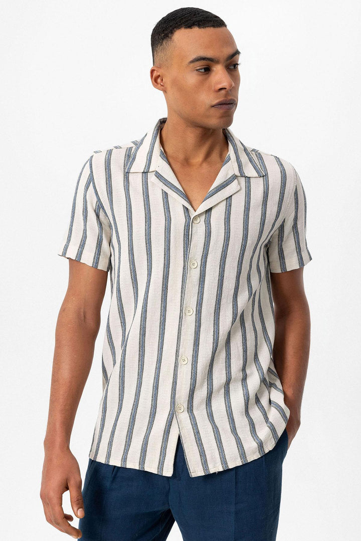 Men's Indigo Striped Camp Collar Shirt - Wessi