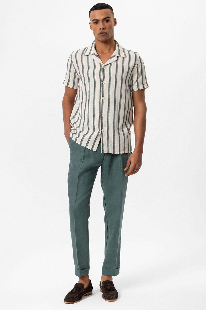 Men's Green Striped Camp Collar Shirt - Wessi