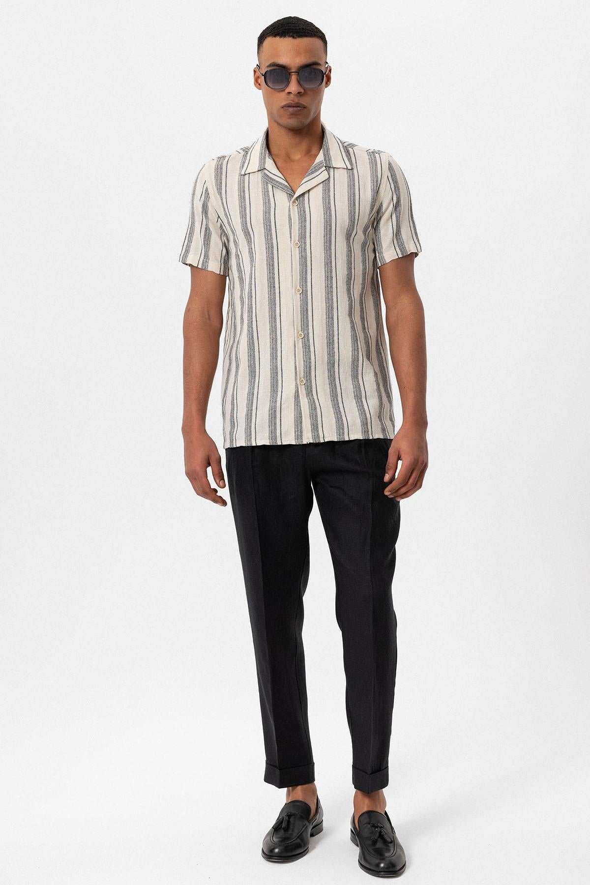 福袋 バースデイ Striped Collar Camp Black Men's Short Wessi - Shirt Sleeve Clothing