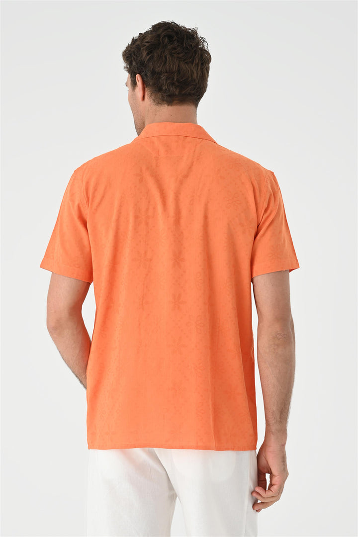 Men's Orange Knitted Patterned  Shirt with Camp Collar - Wessi