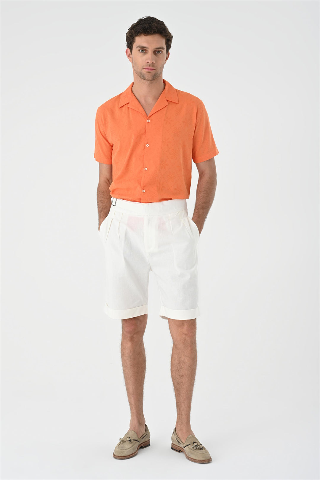 Men's Orange Knitted Patterned  Shirt with Camp Collar - Wessi