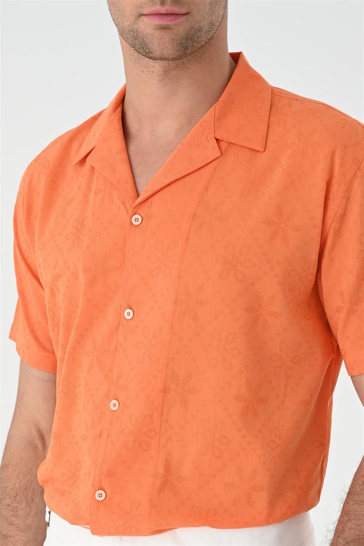 Men's Orange Knitted Patterned  Shirt with Camp Collar - Wessi