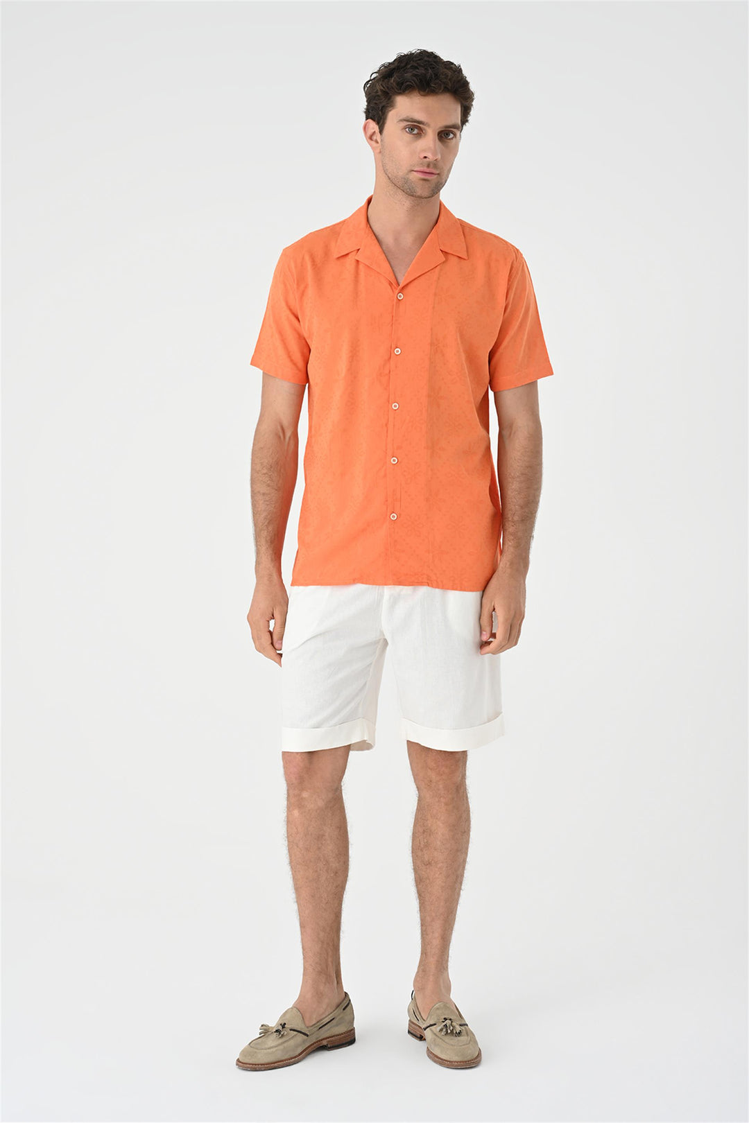 Men's Orange Knitted Patterned  Shirt with Camp Collar - Wessi