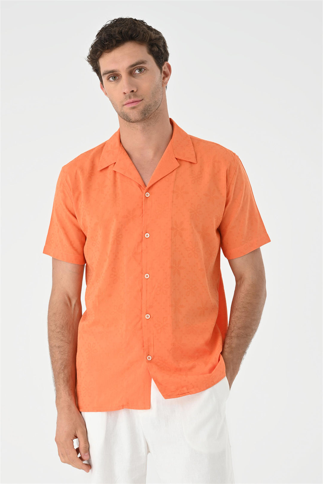 Men's Orange Knitted Patterned  Shirt with Camp Collar - Wessi