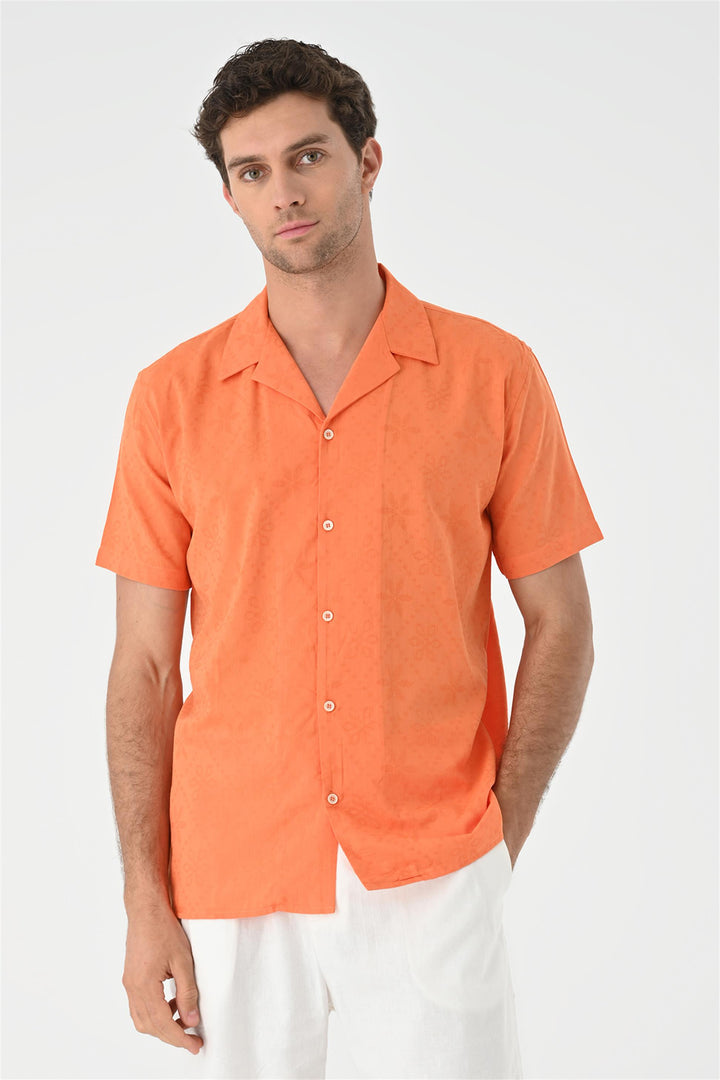 Men's Orange Knitted Patterned  Shirt with Camp Collar - Wessi