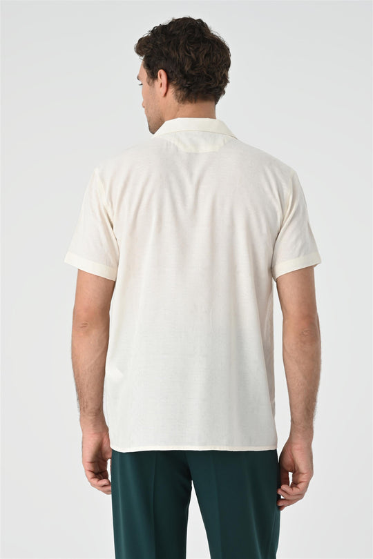 Camicia da uomo in fantasia lavorata a maglia color écru con colletto camp - Wessi