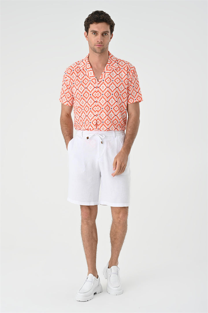 Chemise Homme Orange Motif Ethnique Col Ouvert Manches Courtes - Wessi