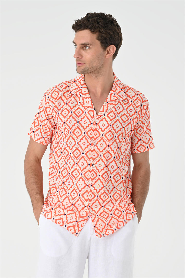 Chemise Homme Orange Motif Ethnique Col Ouvert Manches Courtes - Wessi