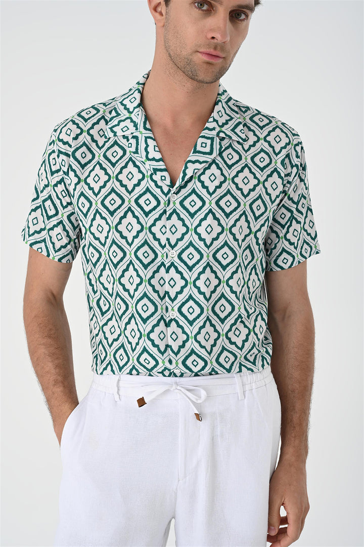 Chemise Homme Verte Motif Ethnique Col Ouvert Manches Courtes - Wessi