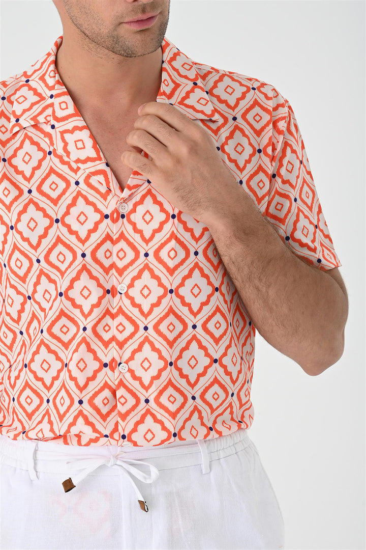 Chemise Homme Orange Motif Ethnique Col Ouvert Manches Courtes - Wessi