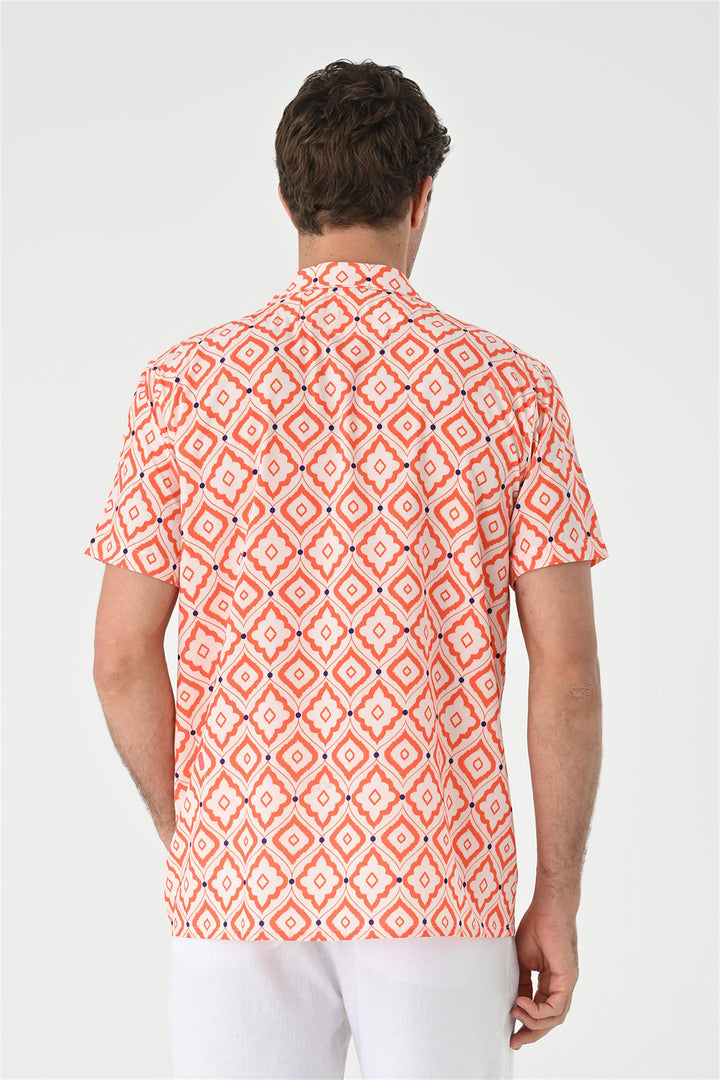 Chemise Homme Orange Motif Ethnique Col Ouvert Manches Courtes - Wessi