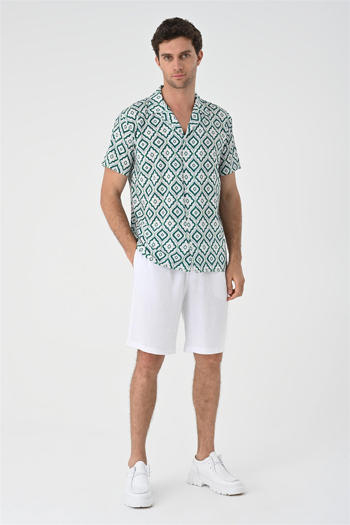 Chemise Homme Verte Motif Ethnique Col Ouvert Manches Courtes - Wessi