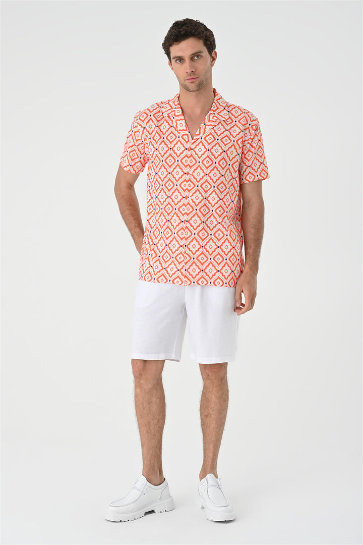 Chemise Homme Orange Motif Ethnique Col Ouvert Manches Courtes - Wessi