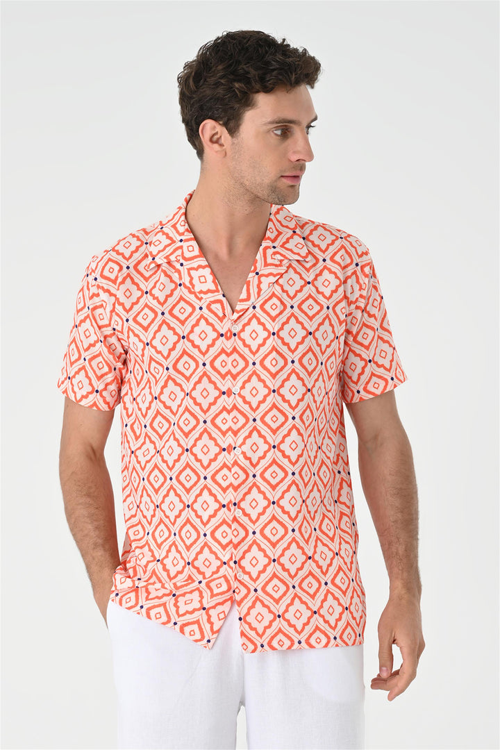 Chemise Homme Orange Motif Ethnique Col Ouvert Manches Courtes - Wessi