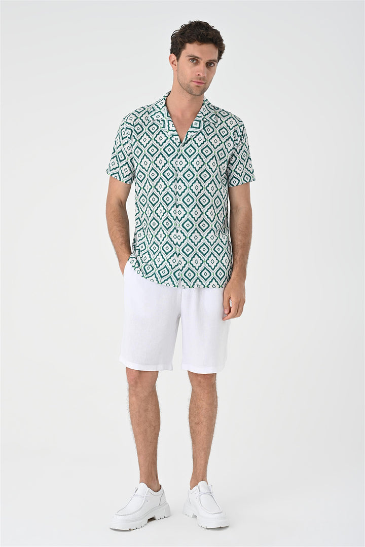 Chemise Homme Verte Motif Ethnique Col Ouvert Manches Courtes - Wessi
