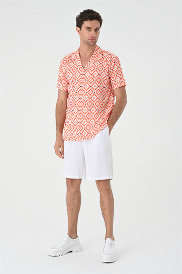 Chemise Homme Orange Motif Ethnique Col Ouvert Manches Courtes - Wessi