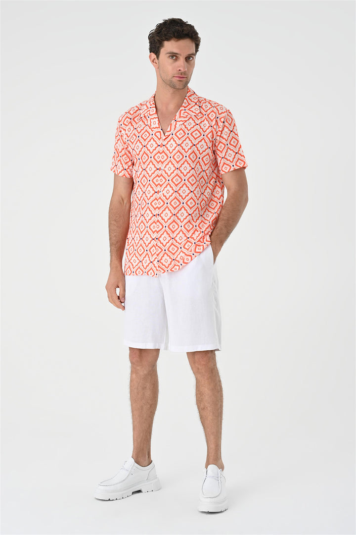 Chemise Homme Orange Motif Ethnique Col Ouvert Manches Courtes - Wessi