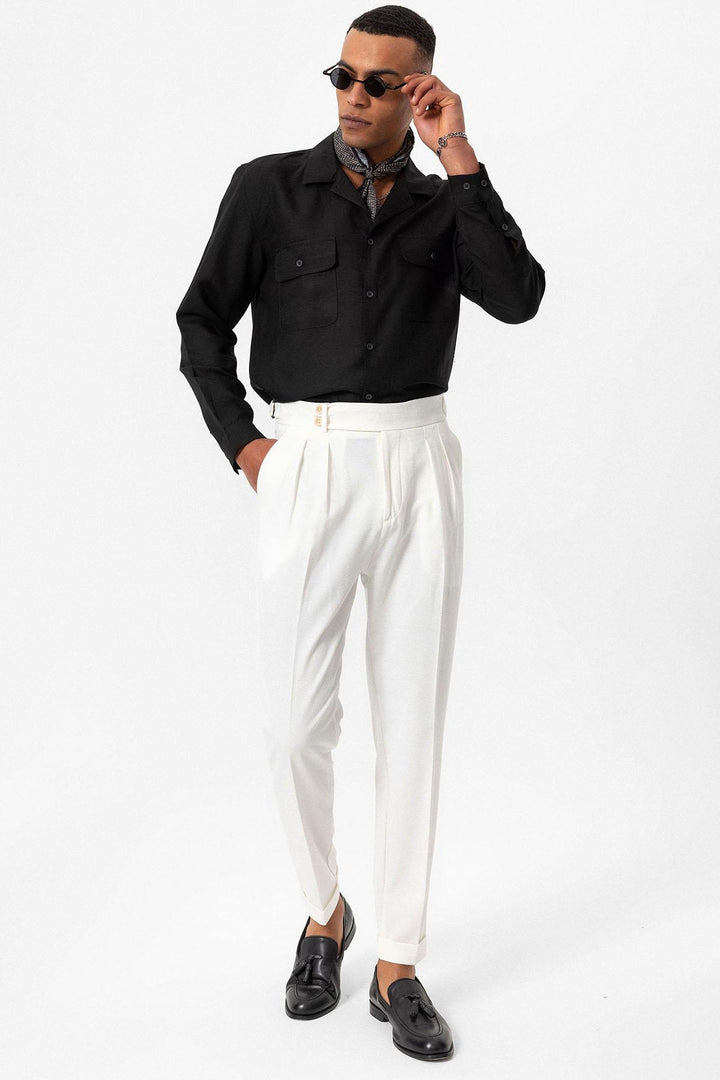 Men's Black Camp Collar Linen Blend Long-Sleeve Shirt - Wessi