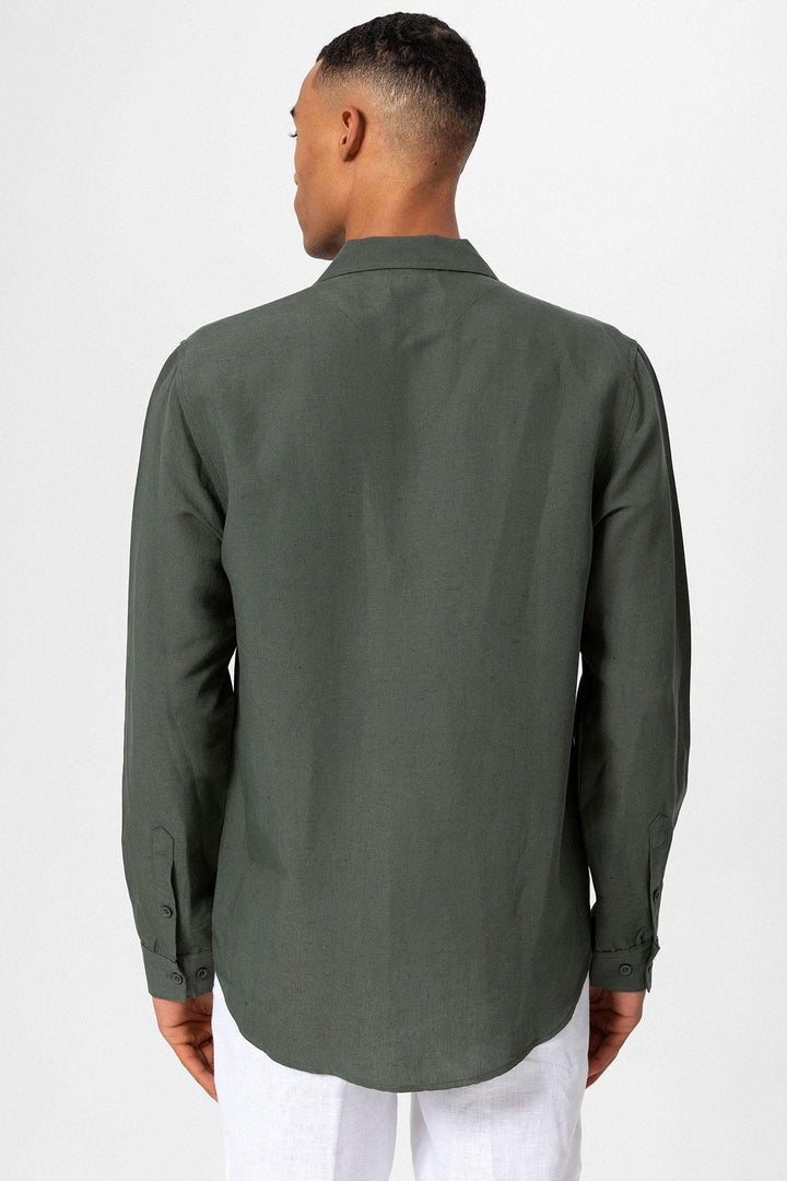 Men's Khaki Camp Collar Linen Blend Long-Sleeve Shirt - Wessi