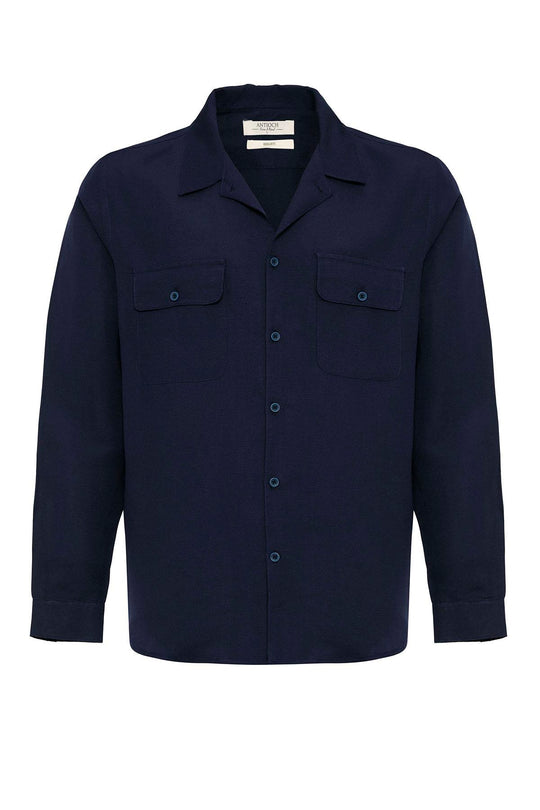Men's Navy Blue Camp Collar Linen Blend Long-Sleeve Shirt - Wessi – Wessi