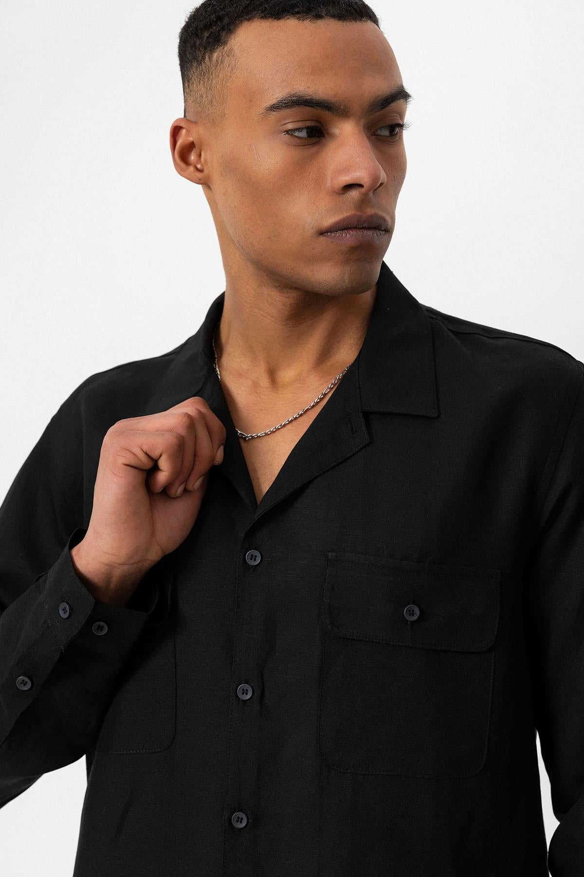 Men's Black Camp Collar Linen Blend Long-Sleeve Shirt - Wessi