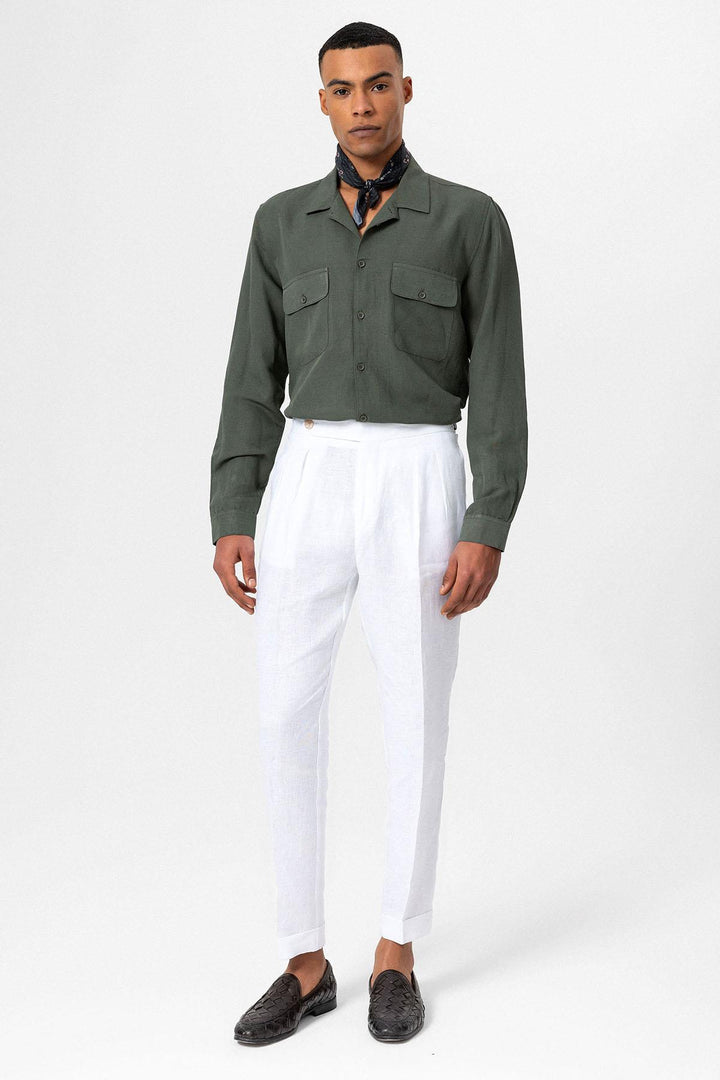 Men's Khaki Camp Collar Linen Blend Long-Sleeve Shirt - Wessi