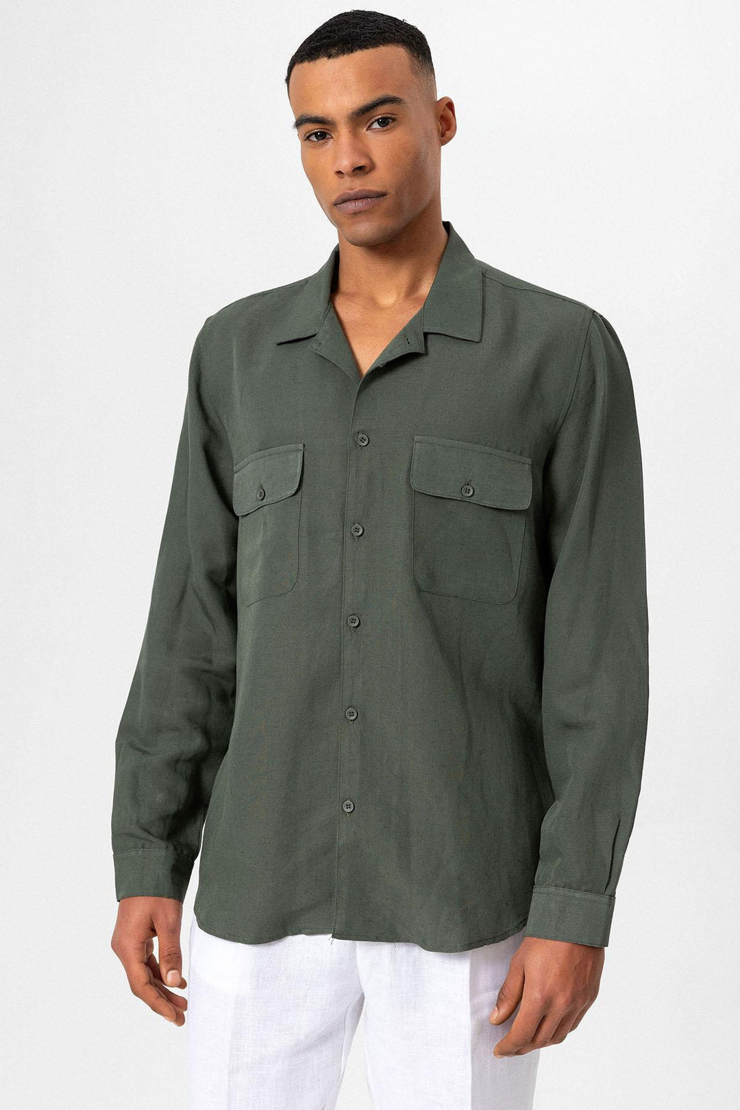 Men's Khaki Camp Collar Linen Blend Long-Sleeve Shirt - Wessi