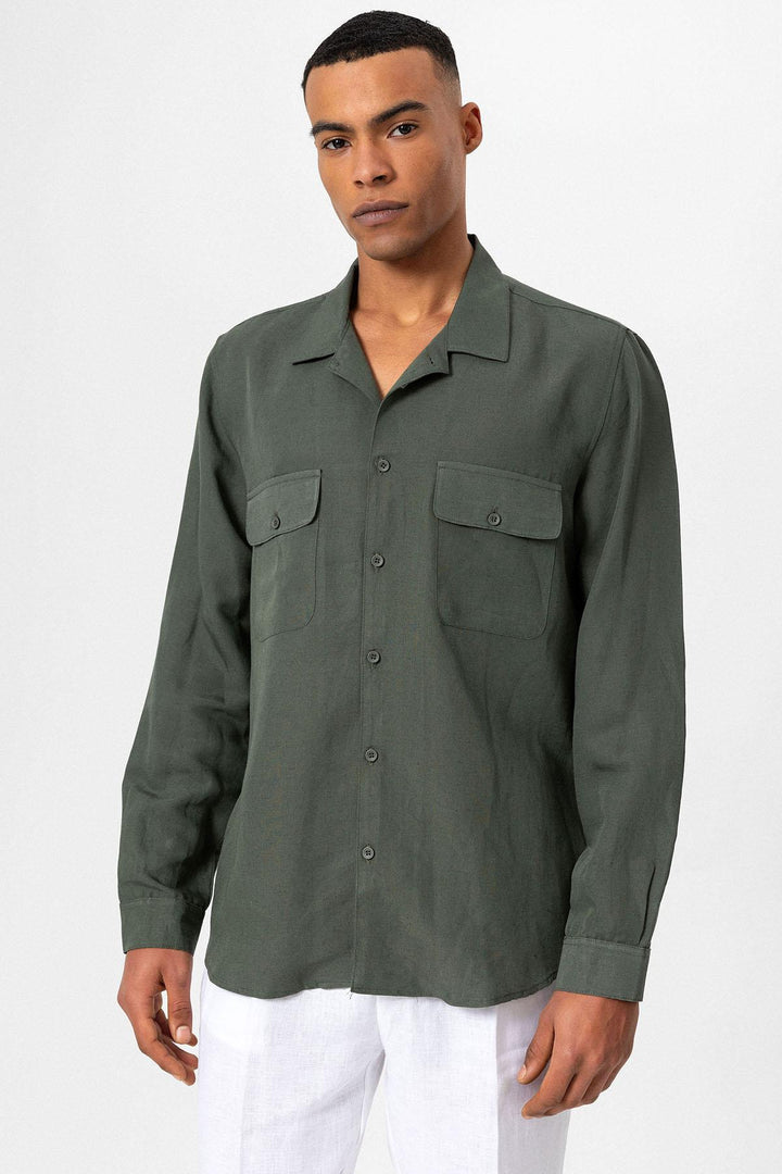 Men's Khaki Camp Collar Linen Blend Long-Sleeve Shirt - Wessi