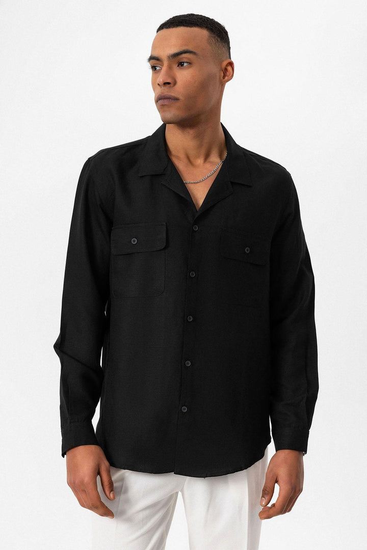 Men's Black Camp Collar Linen Blend Long-Sleeve Shirt - Wessi