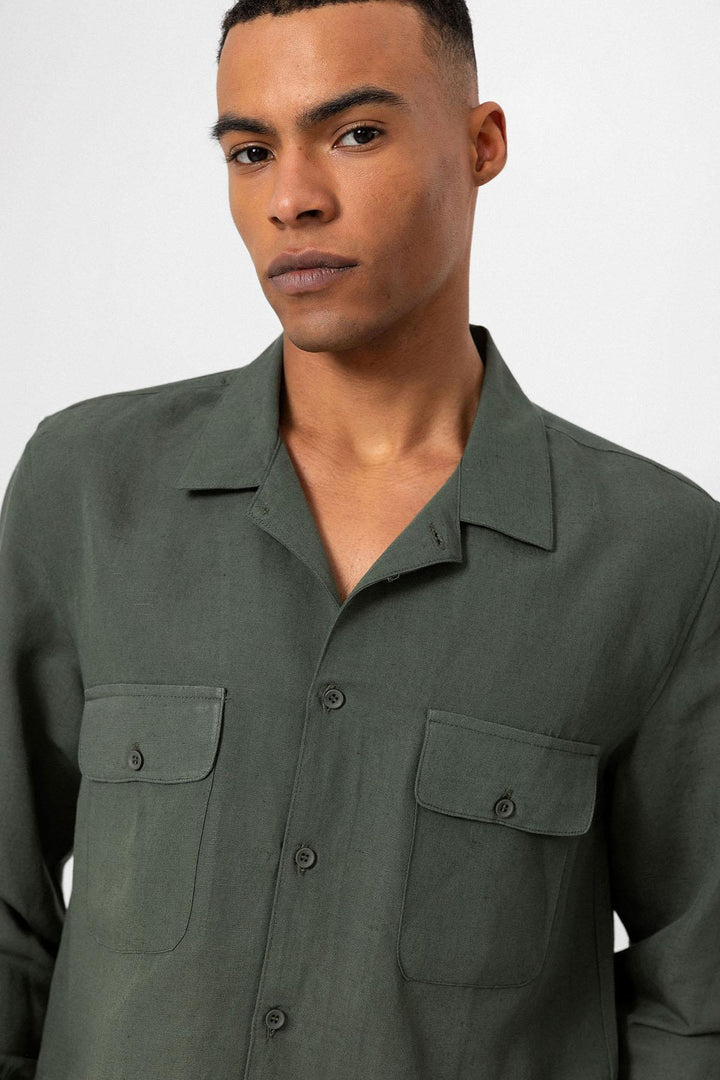 Men's Khaki Camp Collar Linen Blend Long-Sleeve Shirt - Wessi