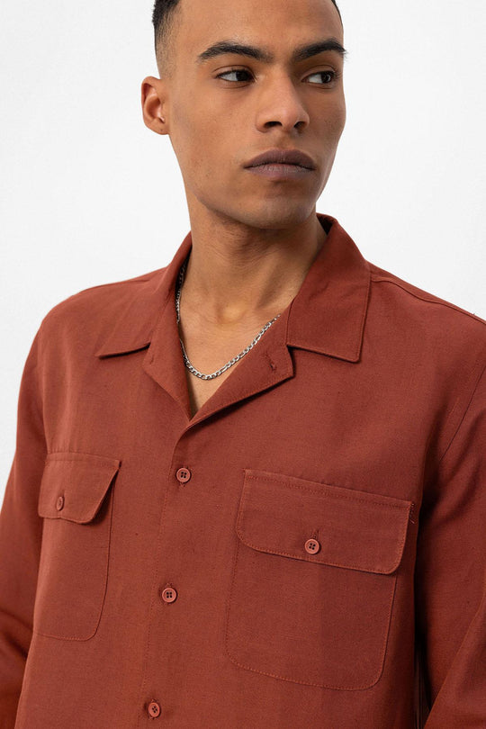 قميص رجالي بأكمام طويلة وياقة على شكل بلاط من خليط الكتان - Wessi