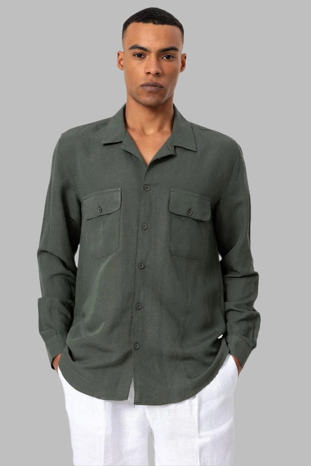 Men's Khaki Camp Collar Linen Blend Long-Sleeve Shirt - Wessi