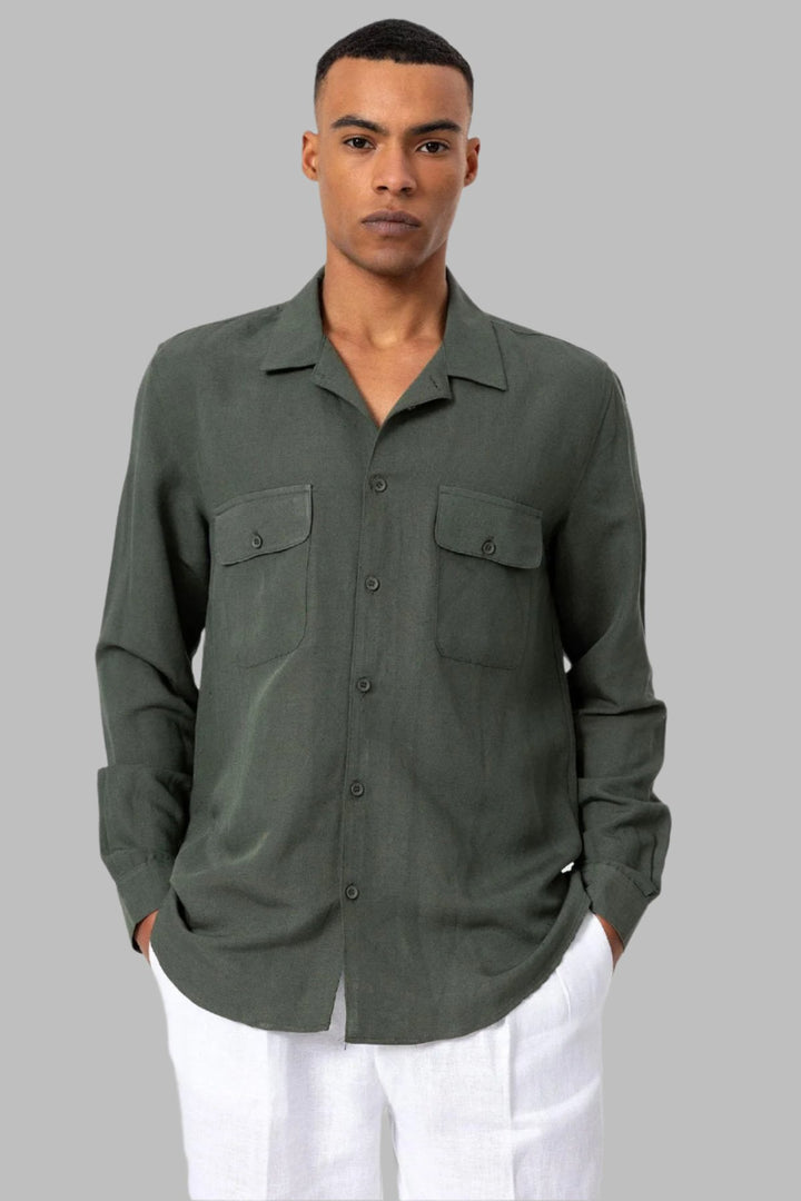 Men's Khaki Camp Collar Linen Blend Long-Sleeve Shirt - Wessi