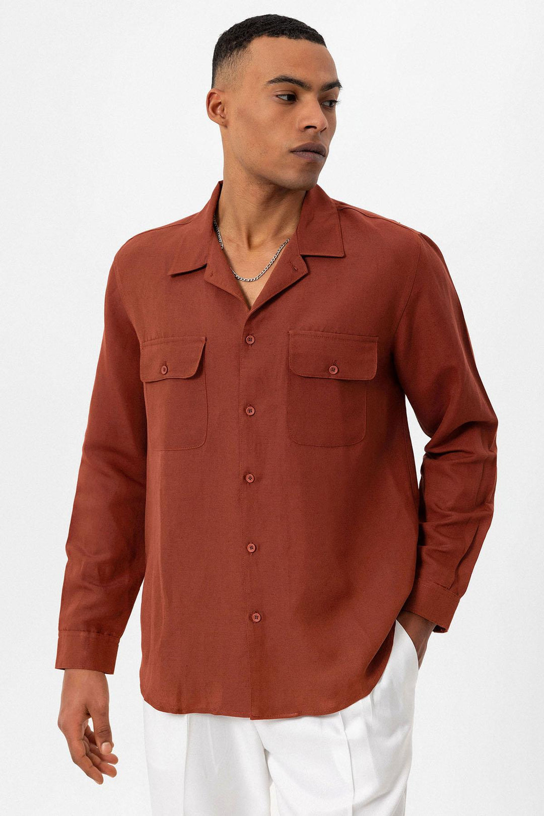 Men's Tile Camp Collar Linen Blend Long-Sleeve Shirt - Wessi