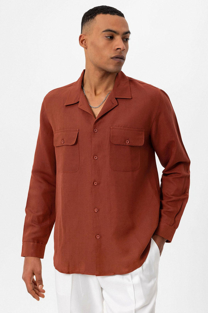 Men's Tile Camp Collar Linen Blend Long-Sleeve Shirt - Wessi