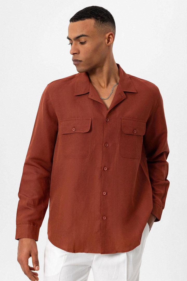 Men's Tile Camp Collar Linen Blend Long-Sleeve Shirt - Wessi