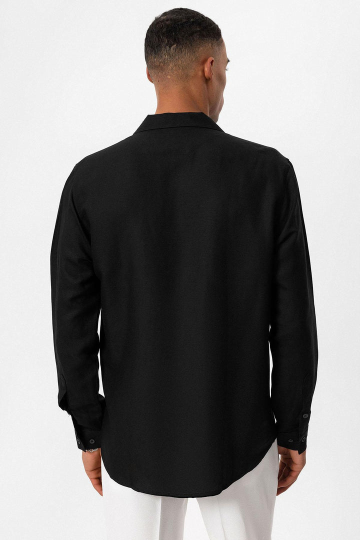 Men's Black Camp Collar Linen Blend Long-Sleeve Shirt - Wessi