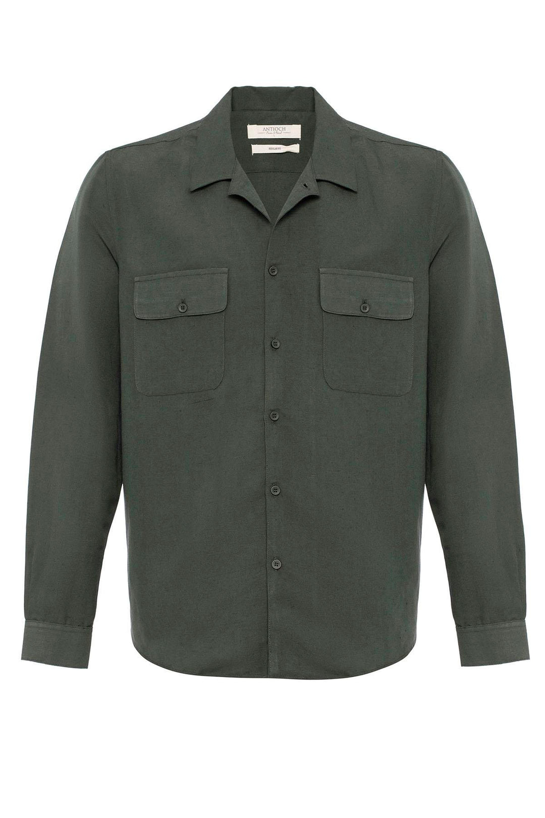 Men's Khaki Camp Collar Linen Blend Long-Sleeve Shirt - Wessi