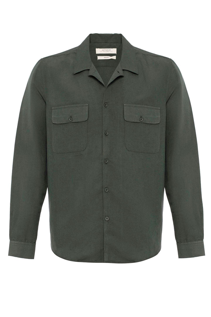 Men's Khaki Camp Collar Linen Blend Long-Sleeve Shirt - Wessi