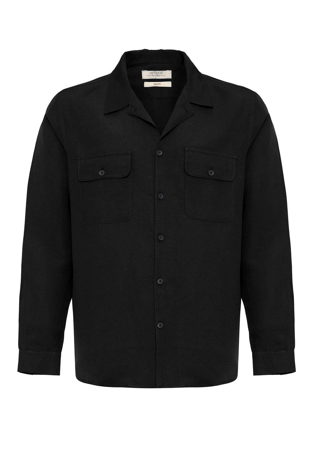 Men's Black Camp Collar Linen Blend Long-Sleeve Shirt - Wessi
