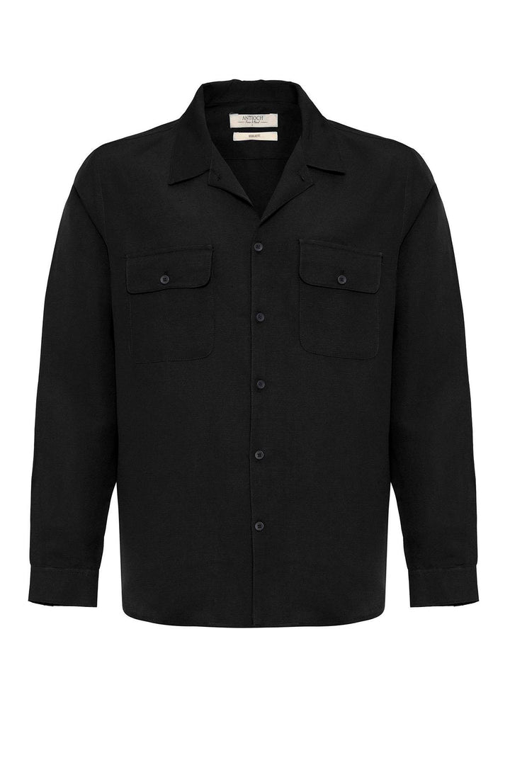 Men's Black Camp Collar Linen Blend Long-Sleeve Shirt - Wessi