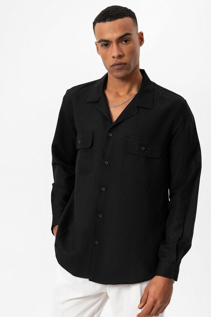 Men's Black Camp Collar Linen Blend Long-Sleeve Shirt - Wessi