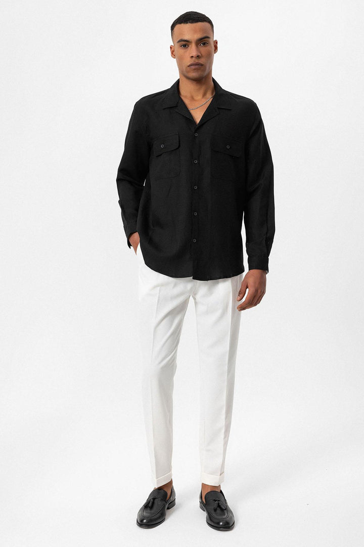 Men's Black Camp Collar Linen Blend Long-Sleeve Shirt - Wessi