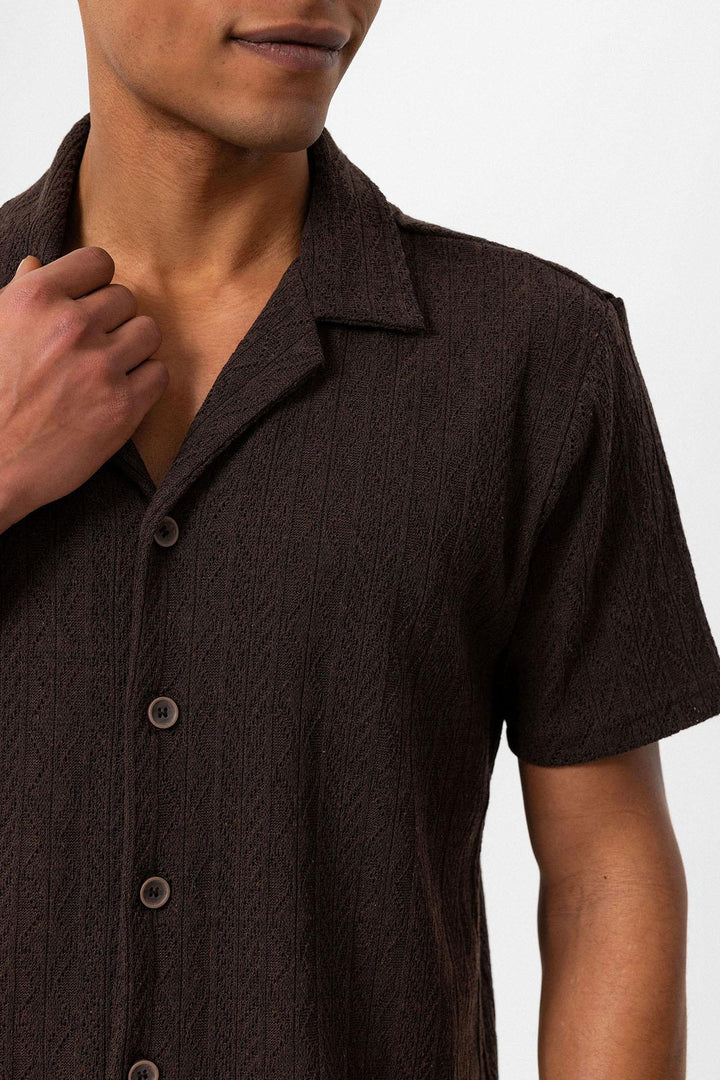 Men's Brown Camp Collar Knit Pattern  Shirt - Wessi