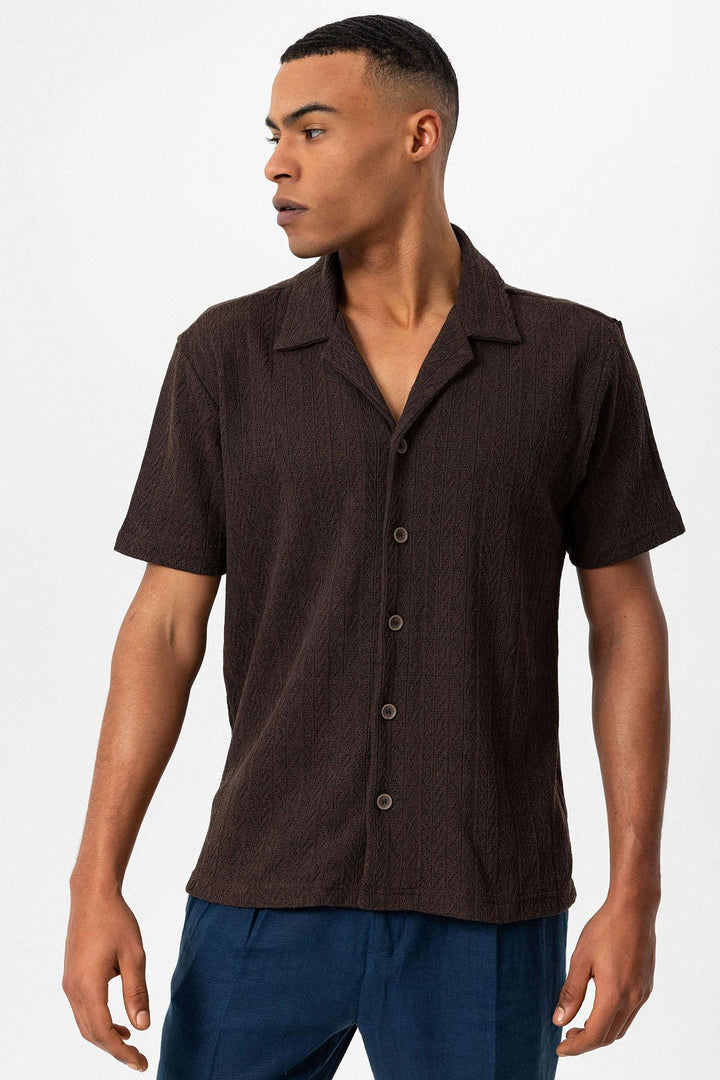 Men's Brown Camp Collar Knit Pattern  Shirt - Wessi