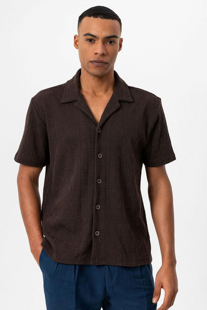 Men's Brown Camp Collar Knit Pattern  Shirt - Wessi