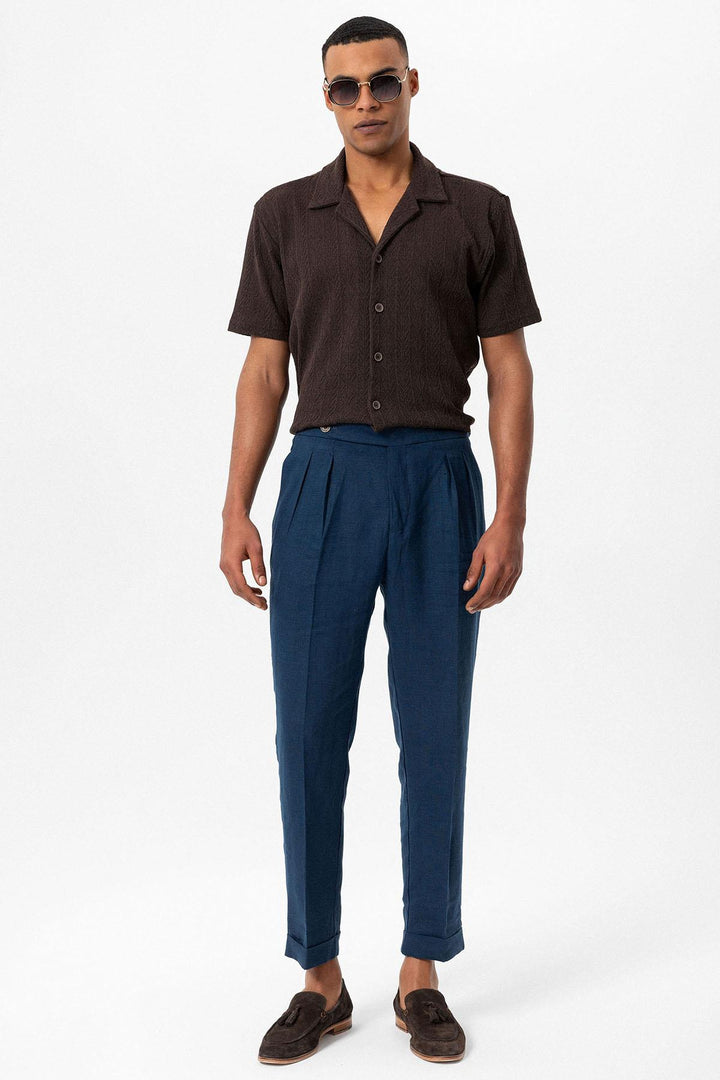 Men's Brown Camp Collar Knit Pattern  Shirt - Wessi