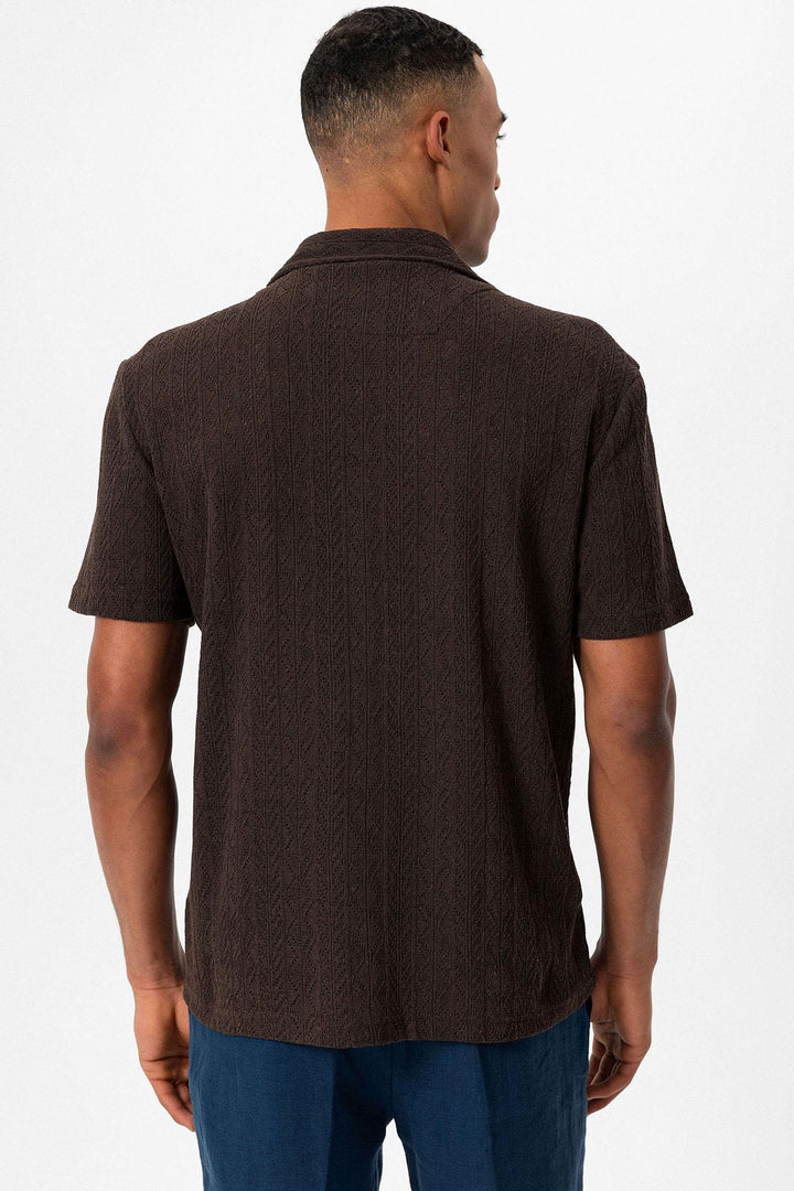 Men's Brown Camp Collar Knit Pattern  Shirt - Wessi