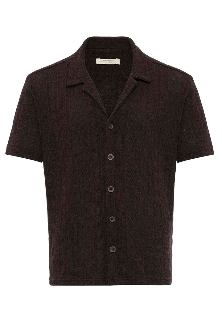 Men's Brown Camp Collar Knit Pattern  Shirt - Wessi