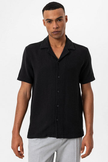 Chemise Col Camp Texturé Tricot Noir Homme - Wessi